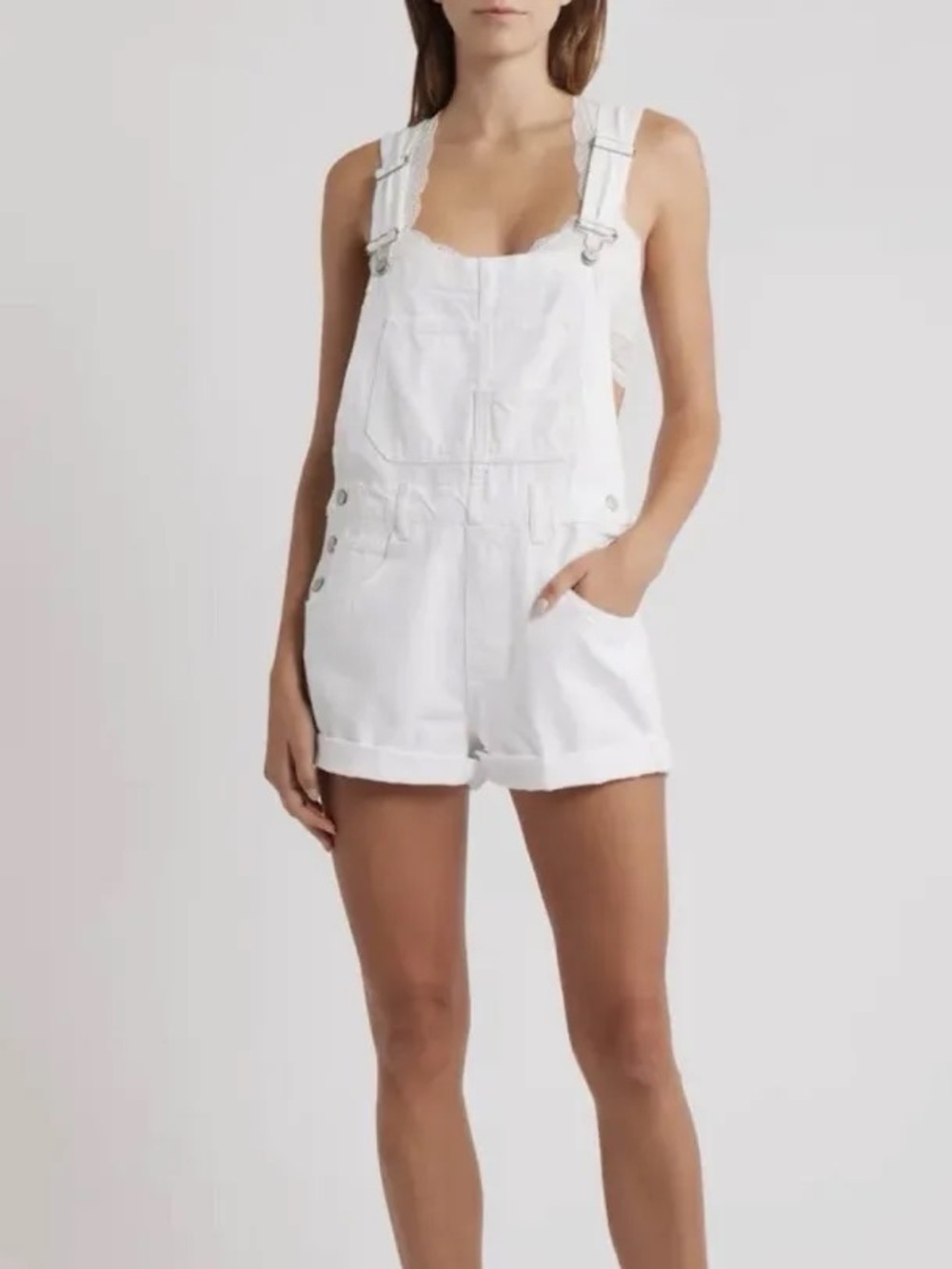 Free People White Denim Short Overalls- Size Small